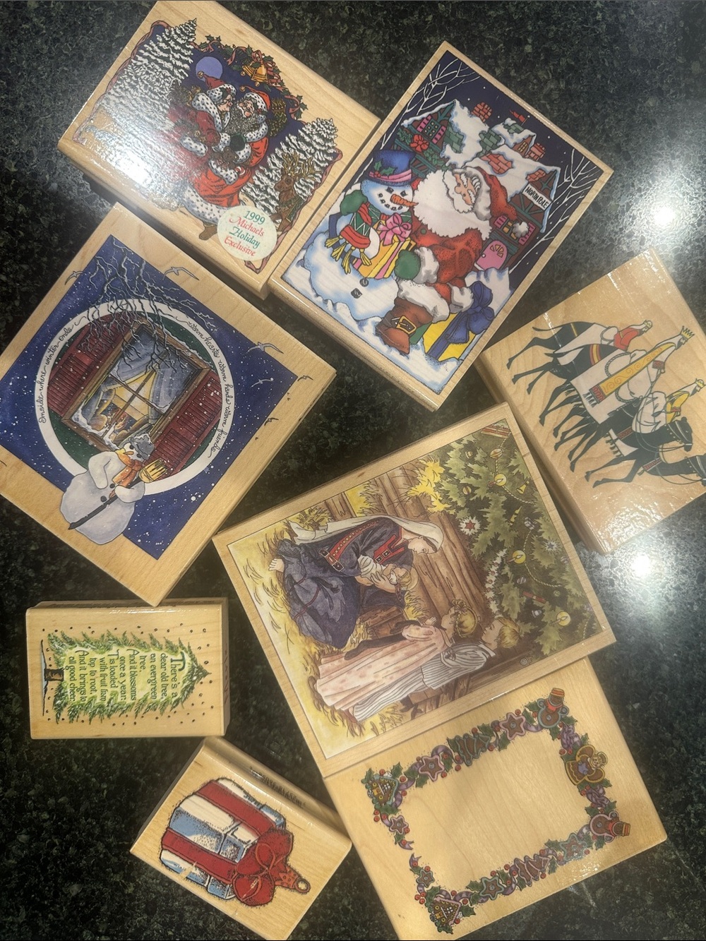 Holiday rubber stamp lot wood Assorted Christmas Scenes inkadinkado Santa tree